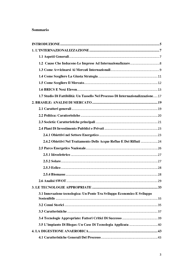 Indice della tesi: Internazionalizzazione d'impresa in Brasile: studio di fattibilità per un impianto di cogenerazione a biogas, Pagina 1