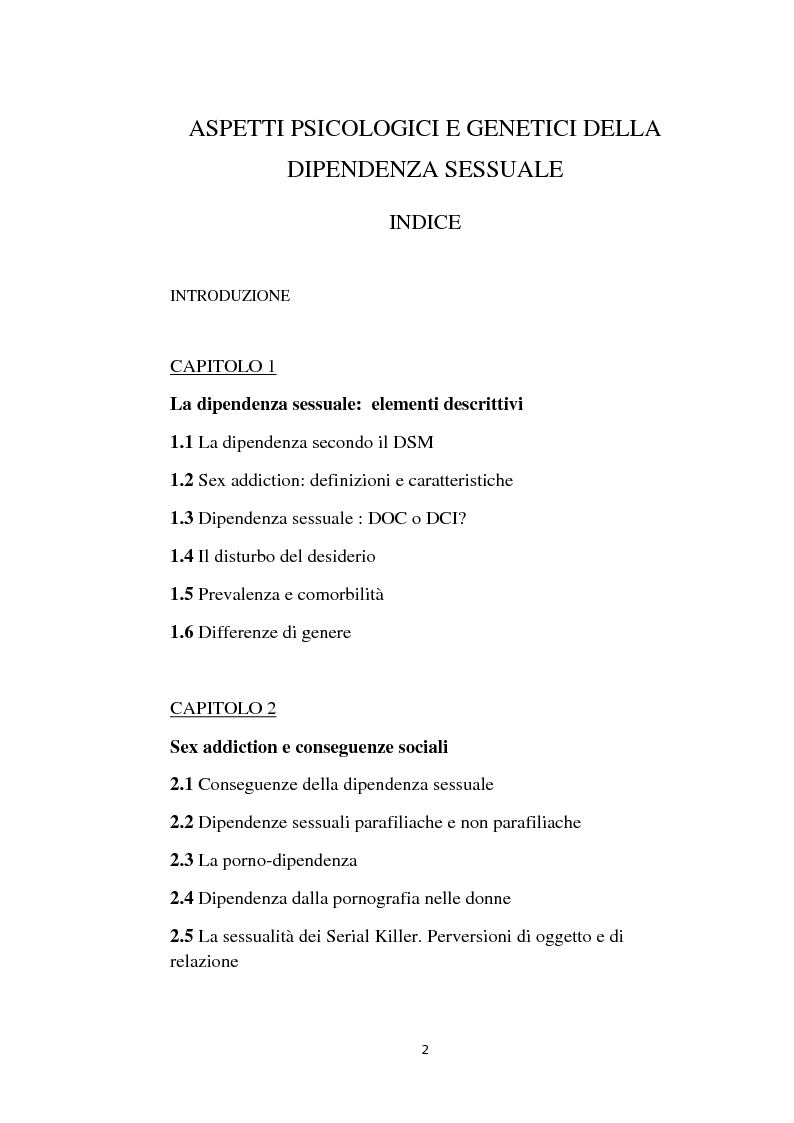 Indice della tesi: Aspetti psicologici e genetici della dipendenza sessuale, Pagina 1
