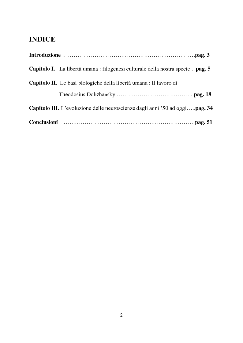 Indice della tesi: Le basi biologiche della libertà umana, Pagina 1