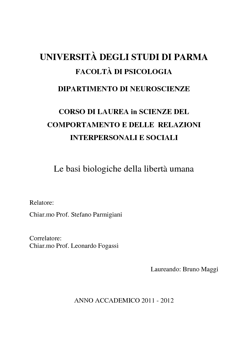 Anteprima della tesi: Le basi biologiche della libertà umana, Pagina 1