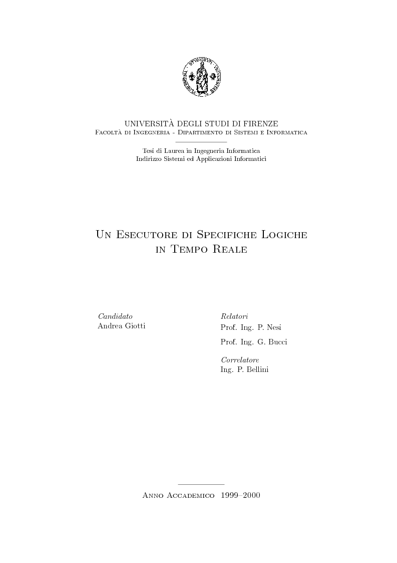 Anteprima della tesi: Un esecutore di specifiche logiche in tempo reale, Pagina 1