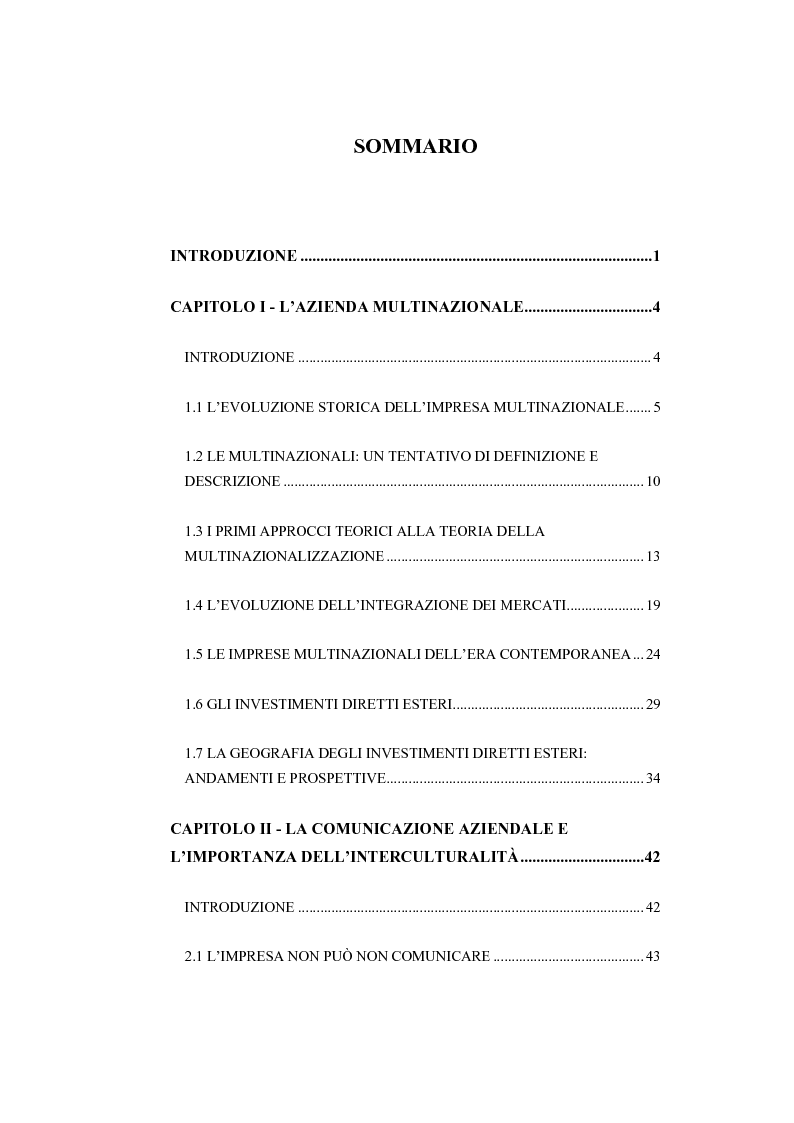 Indice della tesi: La rilevanza della comunicazione interculturale nelle strategie di mercato dell'azienda multinazionale, Pagina 1