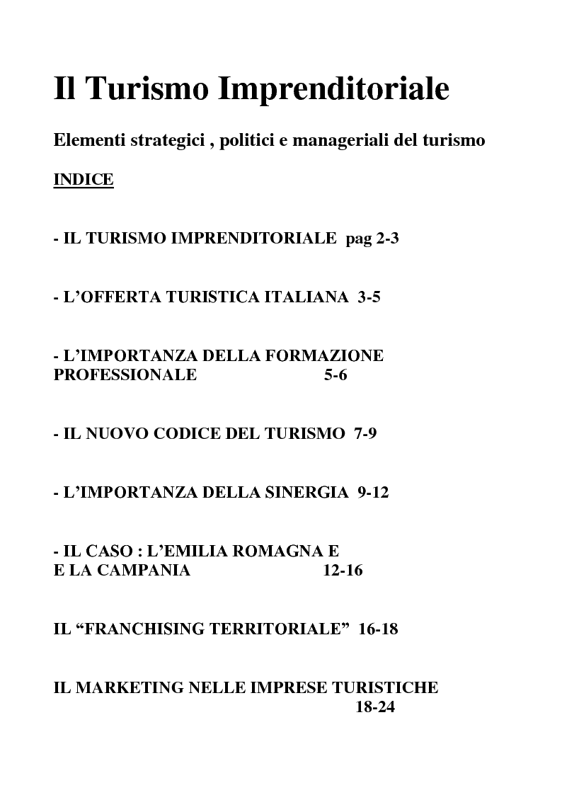 Indice della tesi: Il Turismo Imprenditoriale - Elementi strategici, politici e manageriali del turismo, Pagina 1