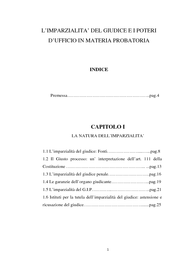 Indice della tesi: L'imparzialità del giudice e i poteri d'ufficio in materia probatoria, Pagina 1