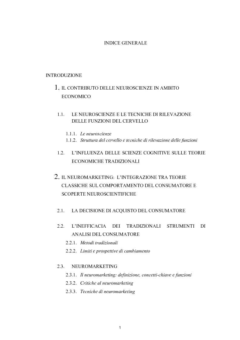 Indice della tesi: Decisioni aziendali e Neuromarketing. Analisi delle emozioni e stimolazione polisensoriale del consumatore, Pagina 1
