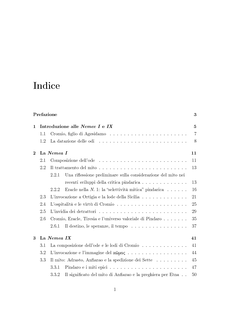 Indice della tesi: Mito e attualità nelle odi pindariche per Cromio di Etna (N. 1 e N. 9), Pagina 1