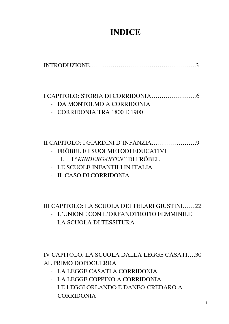 Indice della tesi: Istituzioni educative e assistenziali a Corridonia tra Otto e Novecento, Pagina 1