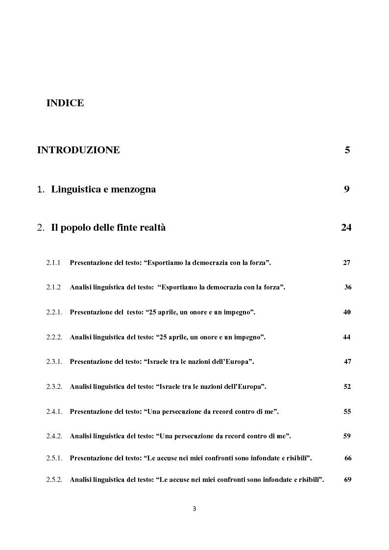 Indice della tesi: Tecniche linguistiche e argomentative per diffondere il falso. Come Berlusconi ha plasmato mondi fittizi usando la retorica., Pagina 1
