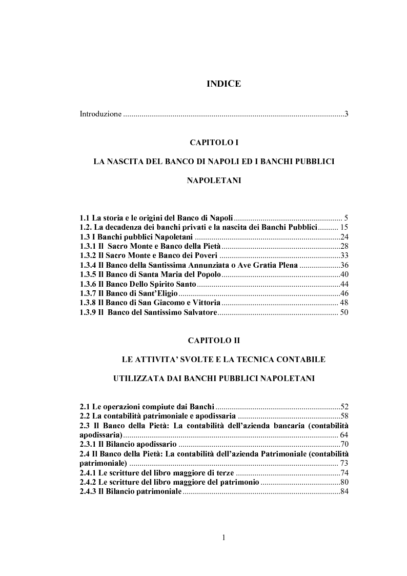 Indice della tesi: Le origini, le attività e la contabilità dei Banchi Pubblici Napoletani, Pagina 1