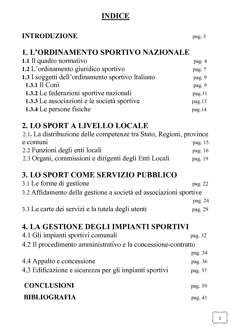 Indice della tesi: Lo sport come servizio pubblico locale: le forme di gestione, Pagina 1