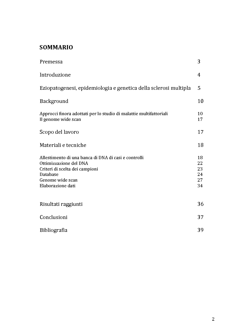 Indice della tesi: Geni di suscettibilità alla sclerosi multipla: le prospettive dello scan su tutto il genoma, Pagina 1