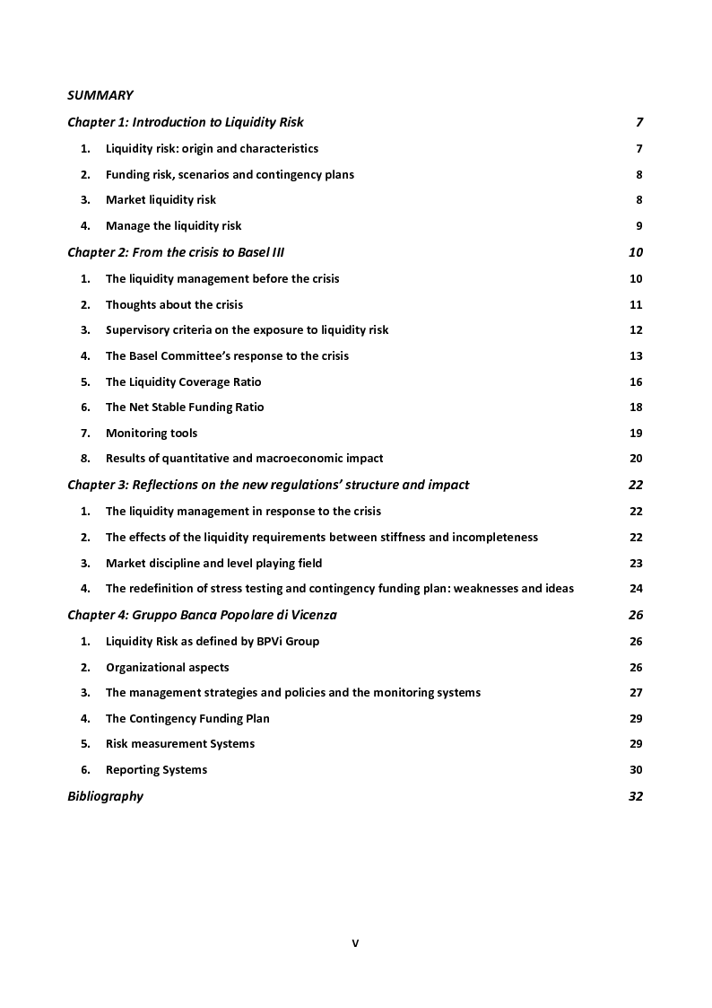 Indice della tesi: The Liquidity Risk Management in response to the crisis: the case of Banca Popolare di Vicenza, Pagina 1