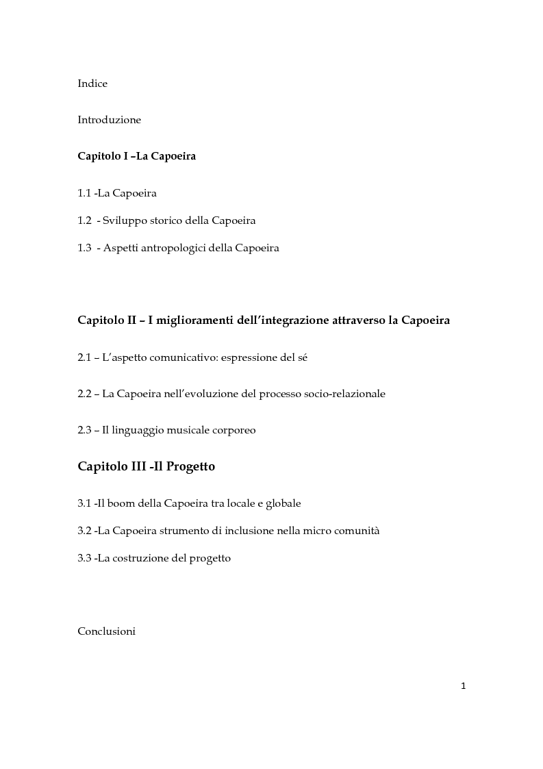 Indice della tesi: La capoeira quale strumento socio-educativo per la qualità dello sviluppo locale in microcomunità, Pagina 1