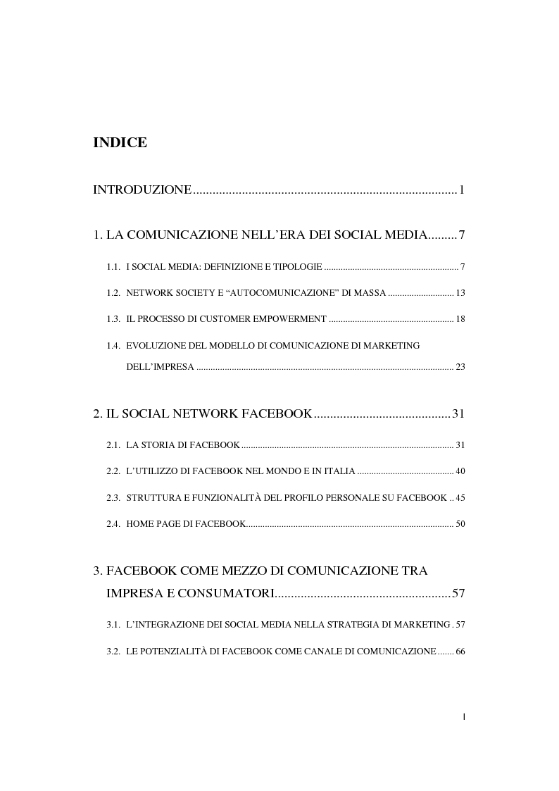 Indice della tesi: La comunicazione d'impresa mediante Facebook: I risultati di un'indagine empirica, Pagina 1