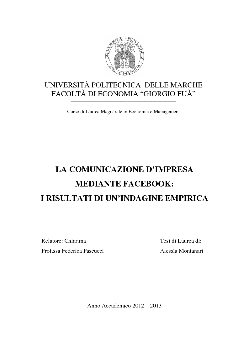 Anteprima della tesi: La comunicazione d'impresa mediante Facebook: I risultati di un'indagine empirica, Pagina 1