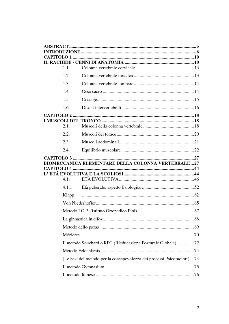 Indice della tesi: Scoliosi idiopatica. Approccio multidisciplinare in età evolutiva: nuove proposte di ginnastica correttiva, Pagina 1