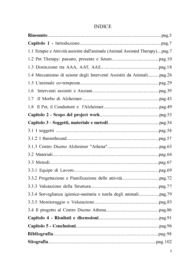 Indice della tesi: Progettazione e programmazione di un intervento assistito dagli animali, Pagina 1