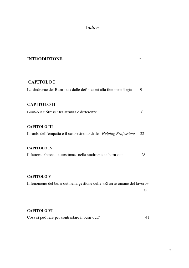 Indice della tesi: Il burn-out al crocevia tra disagio intrapsichico e malattia professionale, Pagina 1