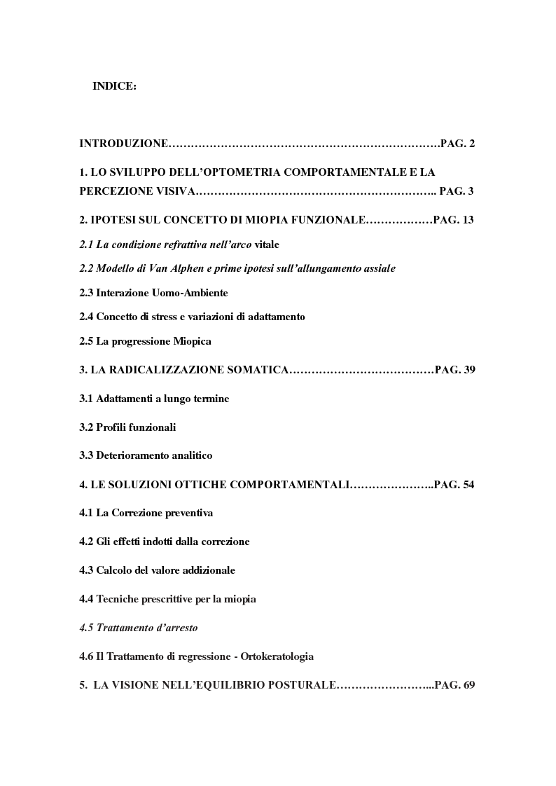 Indice della tesi: Sviluppo dell'analisi optometrica comportamentale: dalla prescrizione preventiva rieducativa al Visual Training, Pagina 1
