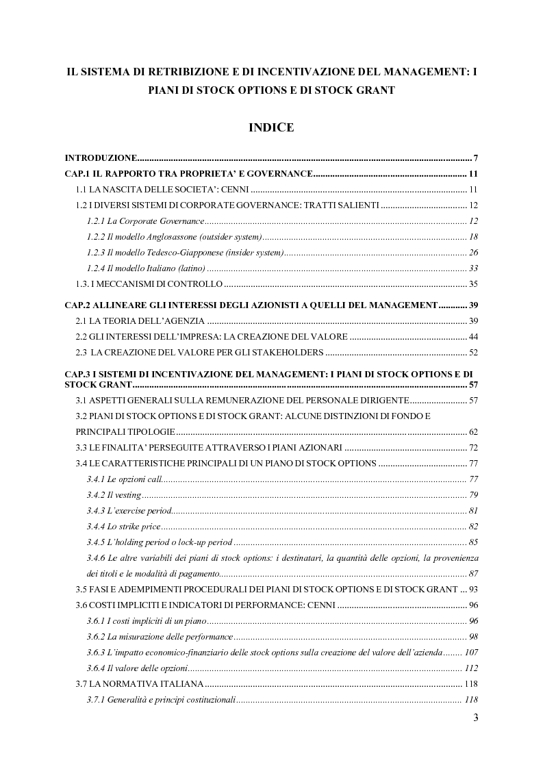 Indice della tesi: Il sistema di remunerazione e di incentivazione del Management: i piani di stock options e di stock grant, Pagina 1