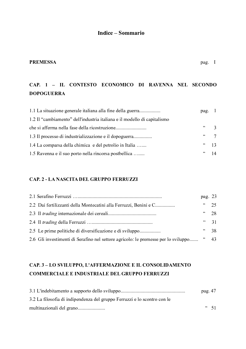 Indice della tesi: Il gruppo Ferruzzi e la figura di Raul Gardinii: la scalata alla Montedison, Pagina 1