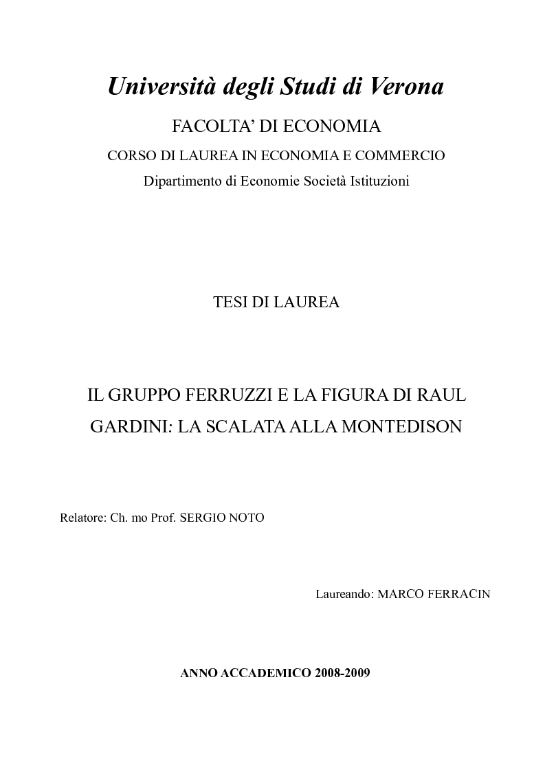 Anteprima della tesi: Il gruppo Ferruzzi e la figura di Raul Gardinii: la scalata alla Montedison, Pagina 1