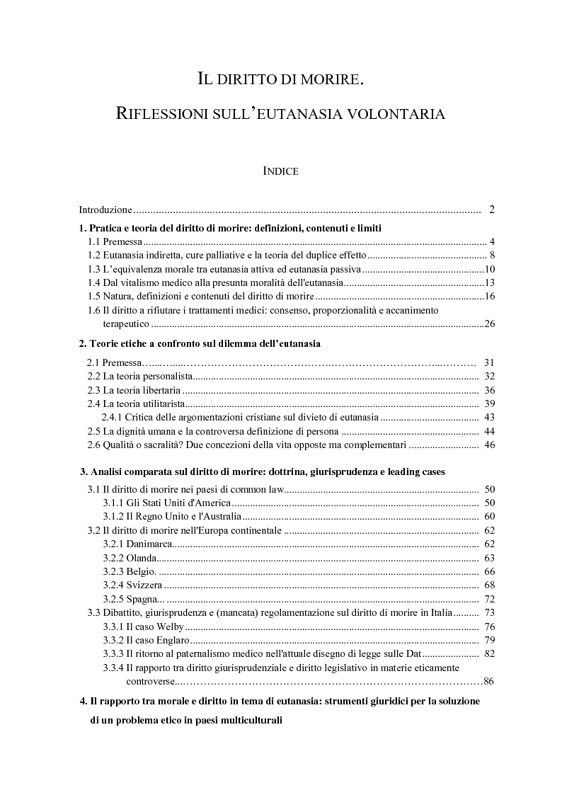 Indice della tesi: Il diritto di morire. Riflessioni sull'eutanasia volontaria, Pagina 1