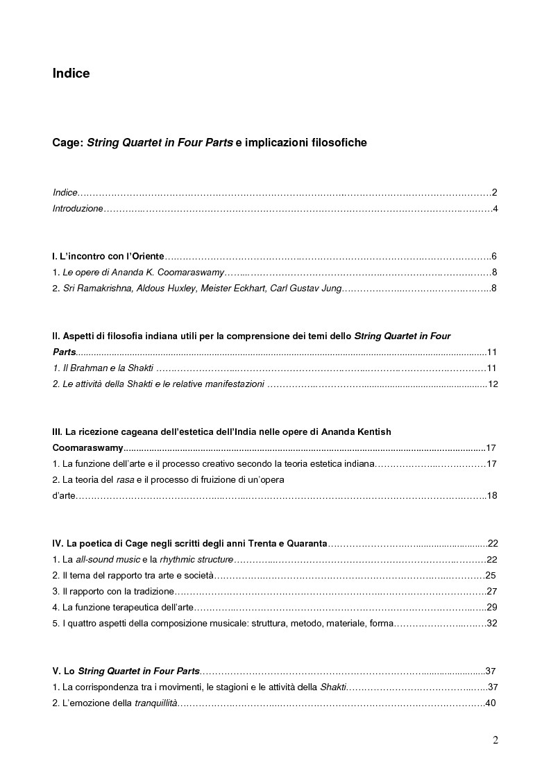 Indice della tesi: Cage: String Quartet in Four Parts e implicazioni filosofiche, Pagina 1