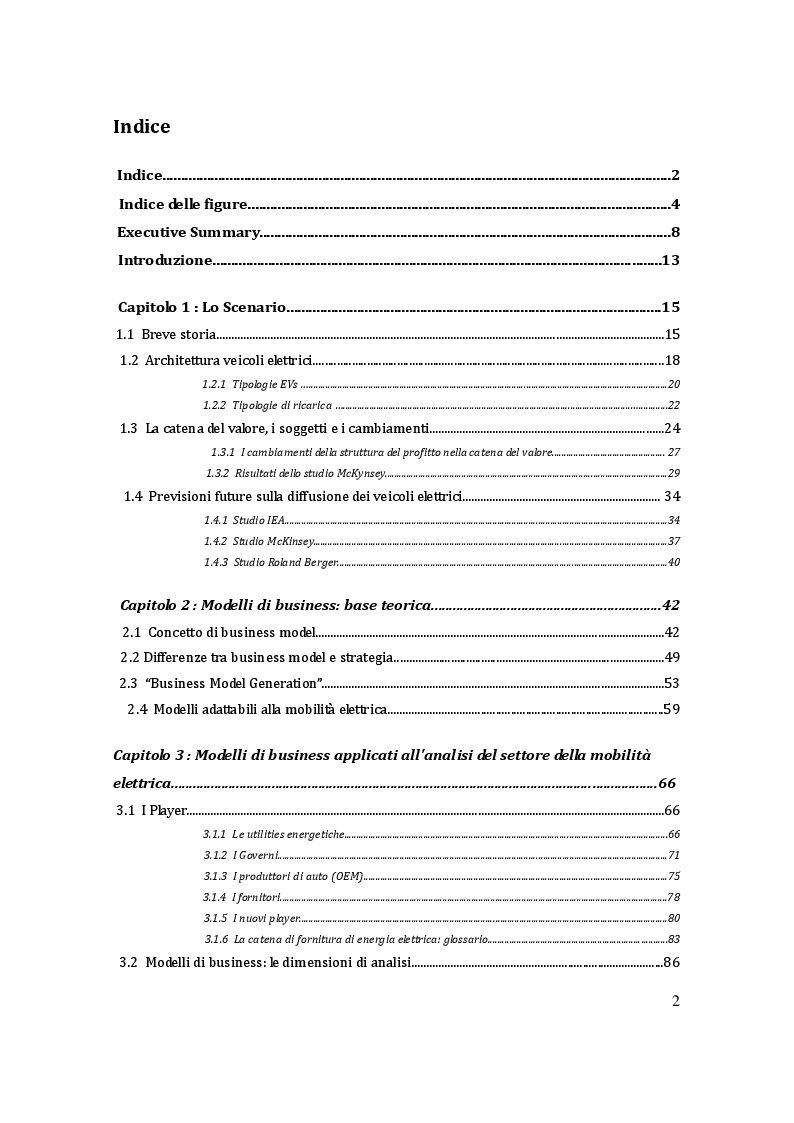 Indice della tesi: Mobilità elettrica: analisi del settore, definizione dei modelli di business e alternative di collaborazione tra i player, Pagina 1