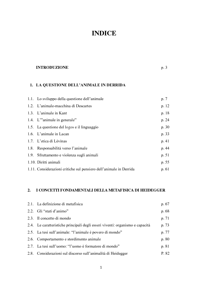 Indice della tesi: La questione dell'animale in Derrida - A partire da un confronto con la posizione heideggeriana, Pagina 1