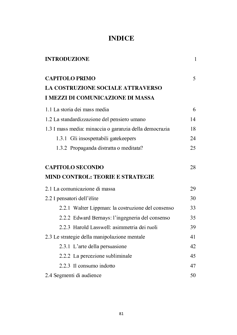 Indice della tesi: Mind Control: strategie di controllo mentale attraverso i media, Pagina 1