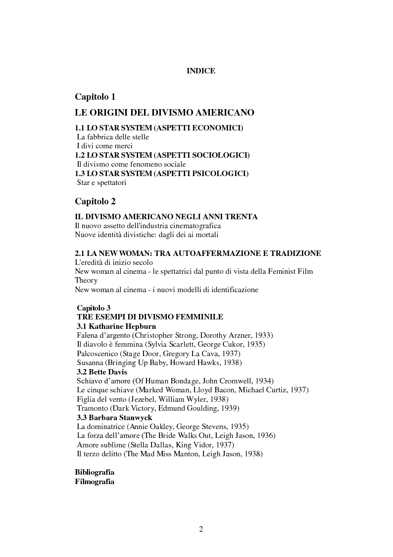 Indice della tesi: Il divismo femminile nel cinema americano degli anni Trenta, Pagina 1