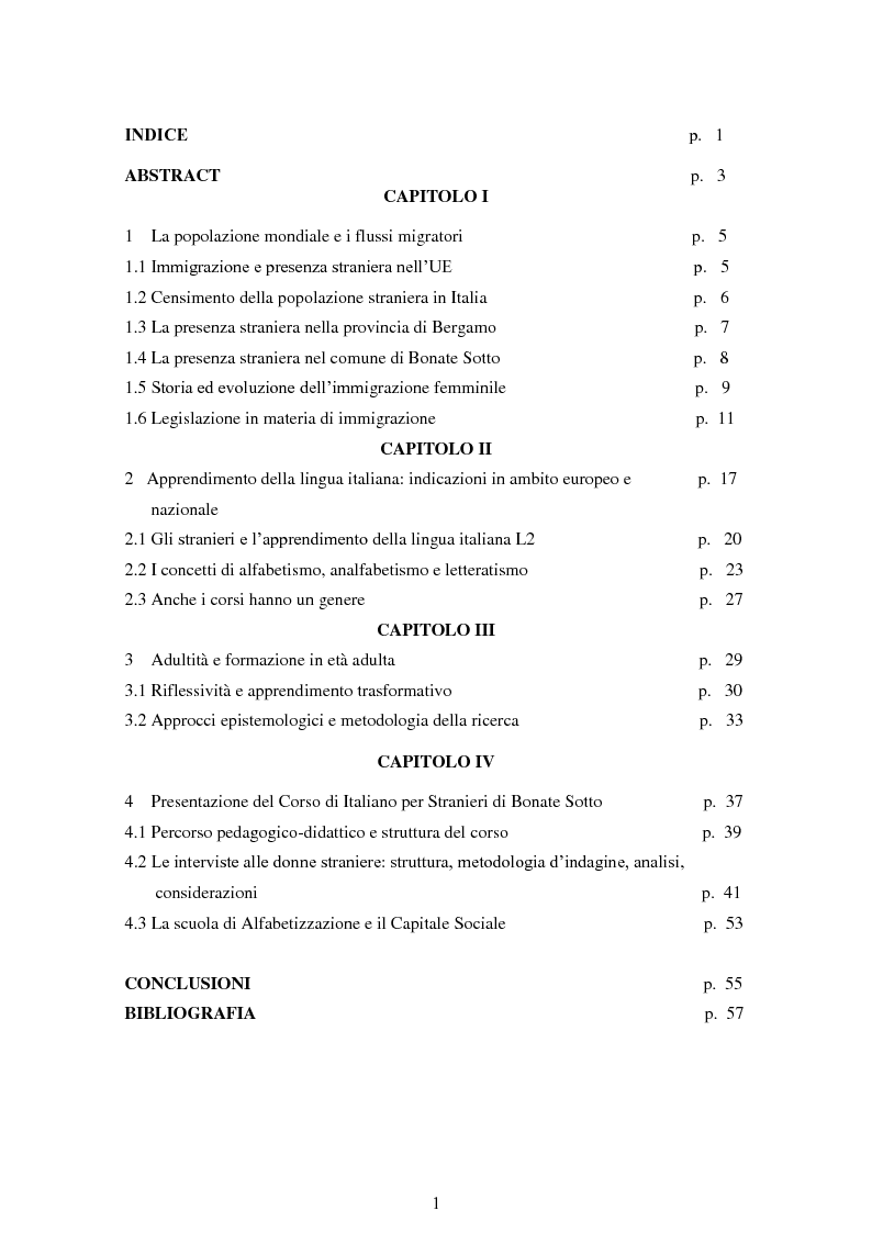 Indice della tesi: Immigrazione femminile e apprendimento trasformativo, Pagina 1