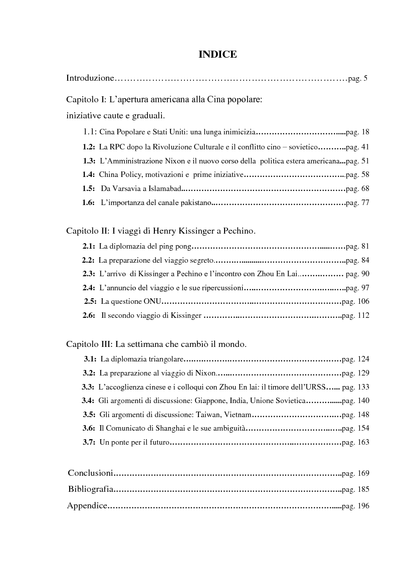 Indice della tesi: Stati Uniti e Cina Popolare: nascita di un'intesa 1969 – 1972, Pagina 1