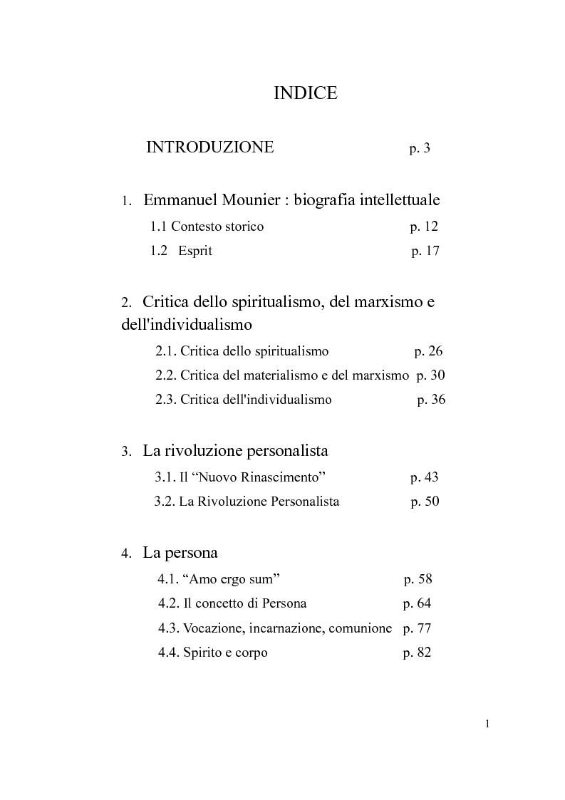 Indice della tesi: La persona in Emmanuel Mounier, Pagina 1