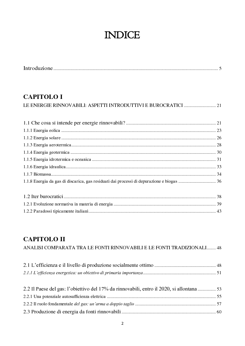 Indice della tesi: Il mercato delle Energie Rinnovabili in Italia: elementi economici e finanziari a confronto con il modello tedesco, Pagina 1