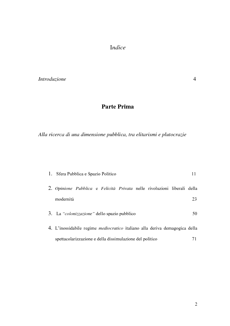 Indice della tesi: La sfera pubblica e la sua reticolarizzazione. Dalle rivoluzioni liberali alla blog-politica del grillismo, Pagina 1