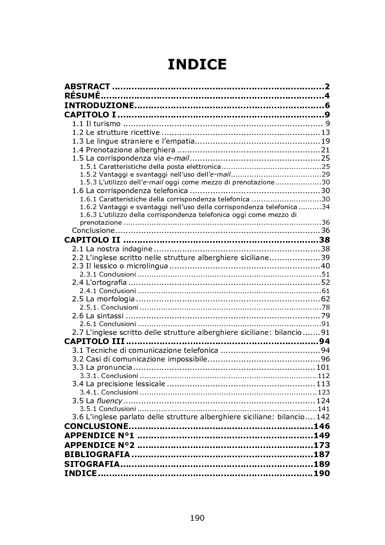 Indice della tesi: "Hello, do you speak English?" - L'inglese scritto e parlato nelle strutture alberghiere siciliane, Pagina 1