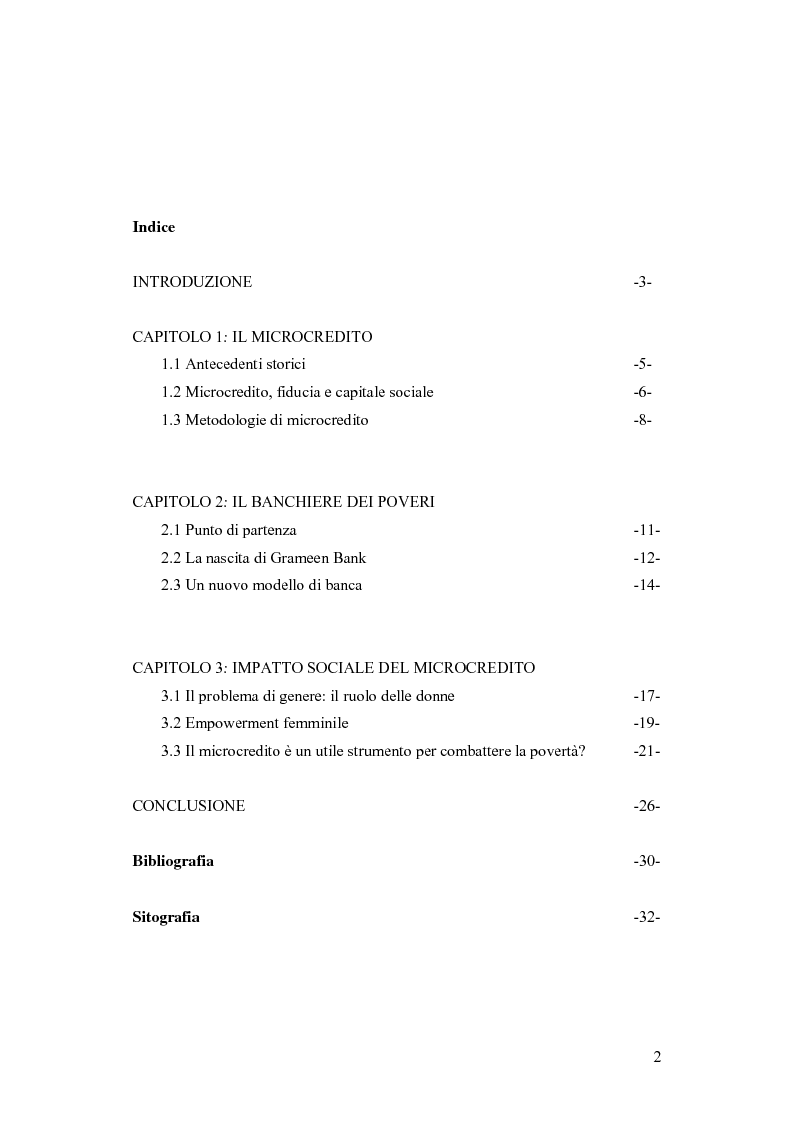 Indice della tesi: Il microcredito: motore dello sviluppo ed integrazione sociale, Pagina 1