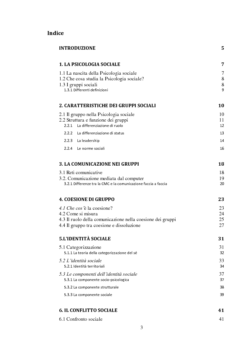 Indice della tesi: Il conflitto intergruppi è necessario? La risposta della Psicologia sociale. Dalle cause che lo generano agli antidoti per risolverlo, Pagina 1