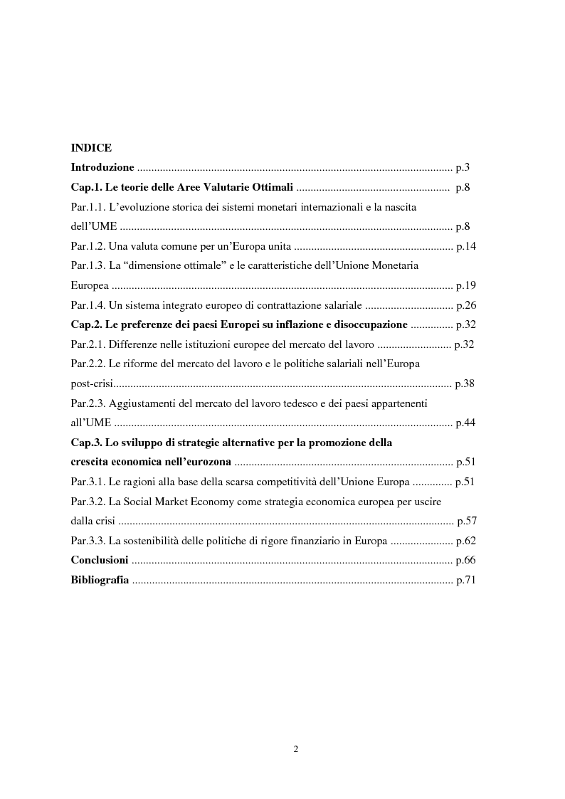 Indice della tesi: La fragilità dell'Unione Monetaria Europea e gli aggiustamenti del mercato del lavoro, Pagina 1