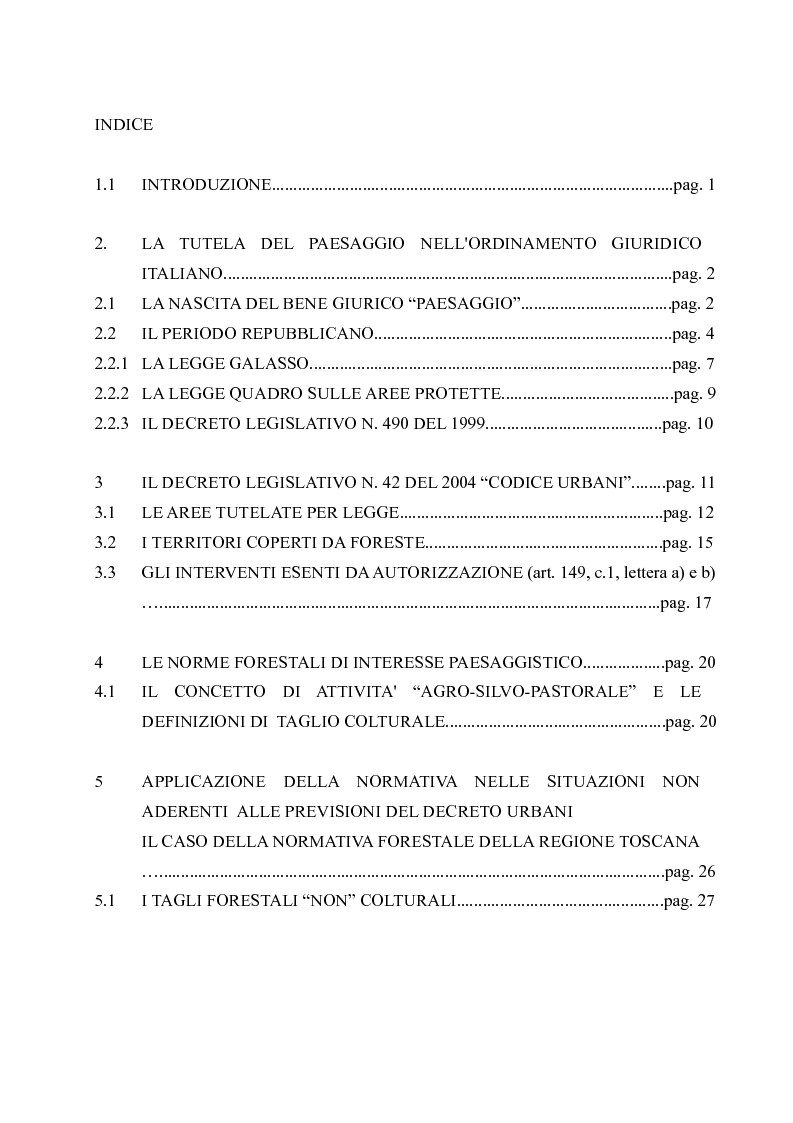 Indice della tesi: Il Taglio colturale nella normativa regionale e nazionale e le implicazioni con la tutela paesaggistica - Il caso della Regione Toscana, Pagina 1