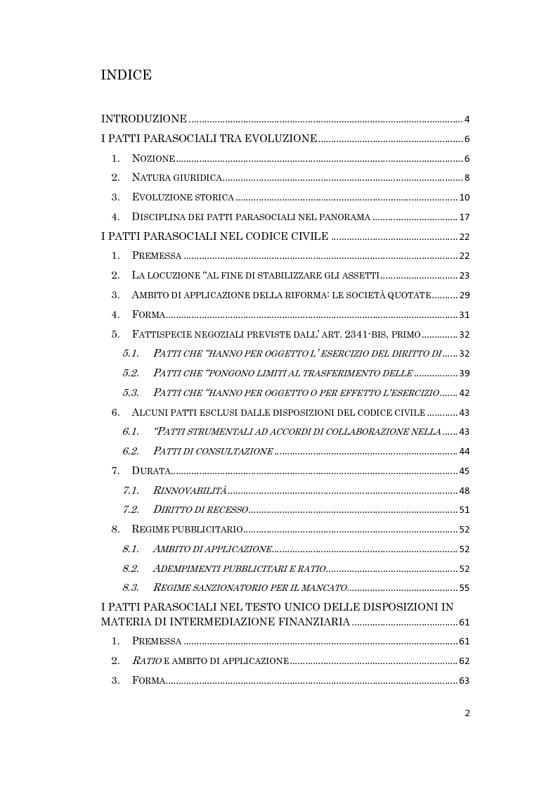 Indice della tesi: I patti parasociali, Pagina 1