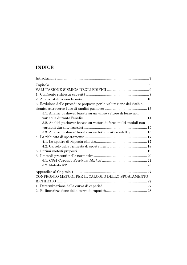 Indice della tesi: Applicazione di una nuova procedura per la valutazione sismica di edifici tramite analisi statica non lineare, Pagina 1