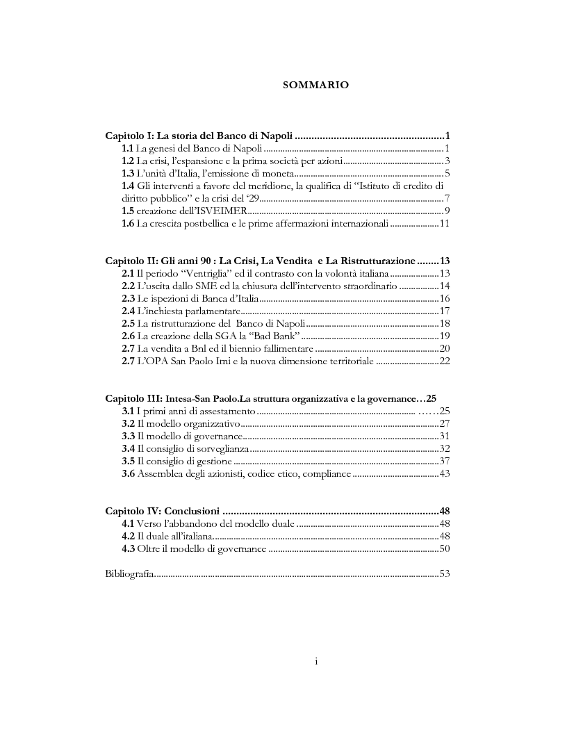 Indice della tesi: La struttura organizzativa e la governance del gruppo Intesa San Paolo. La storia del Banco di Napoli tra splendori, fusioni e ristrutturazioni, Pagina 1