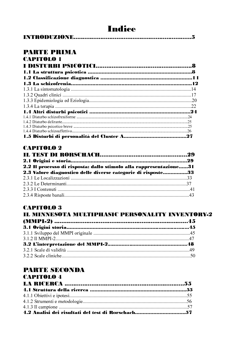 Indice della tesi: Diagnosi di Disturbi Psicotici - Confronto tra test di Rorschach e MMPI-2, Pagina 1