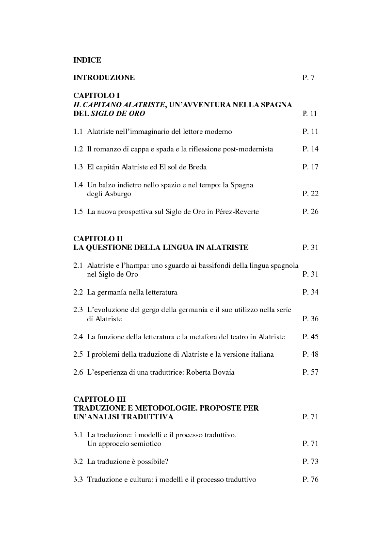 Indice della tesi: L'universo linguistico di Arturo Pérez-Reverte. Una proposta di analisi traduttiva, letteraria e audiovisiva., Pagina 1