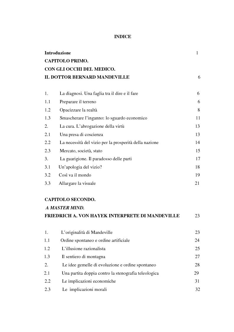 Indice della tesi: Morale ed Economia - L. Dumont e F. Von Hayek interpreti di Mandeville, Pagina 1