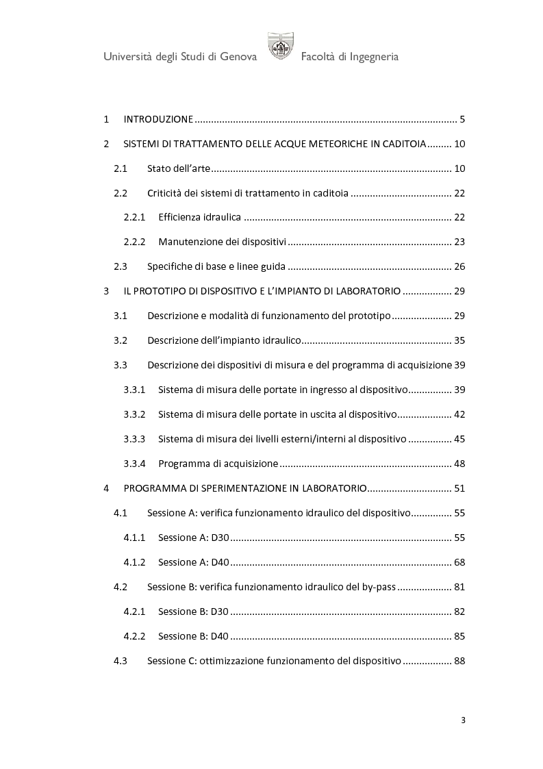 Indice della tesi: Collaudo sperimentale di un prototipo di dispositivo per il trattamento delle acque meteoriche in caditoia, Pagina 1
