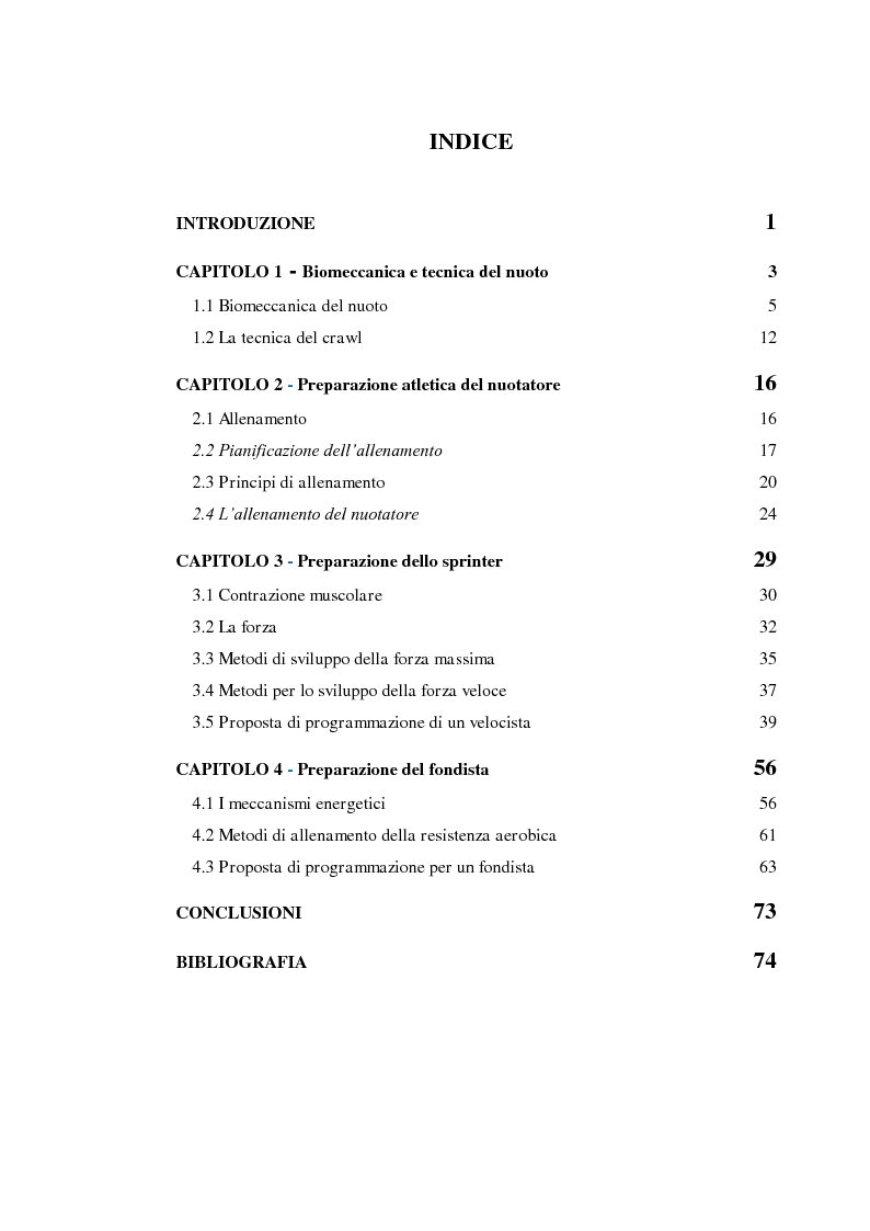 Indice della tesi: Allenamento a secco nella nuotata a crawl: confronto tra brevi e lunghe distanze, Pagina 1